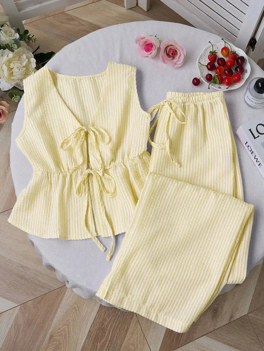 Striped V Neck Blouse and Wide Leg Trouser Set – alternate product view