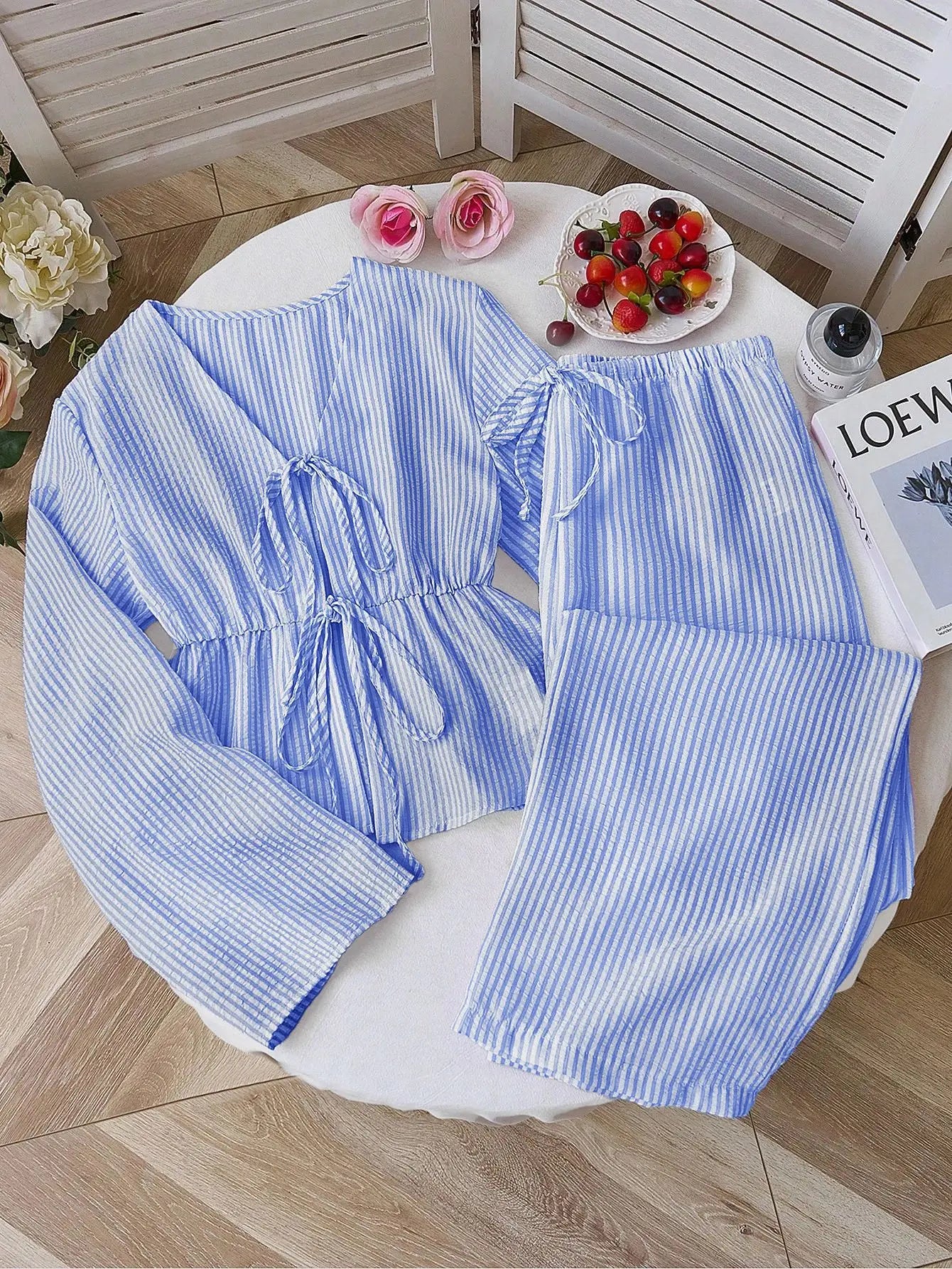 Striped V Neck Blouse and Wide Leg Trouser Set – product detail view 9