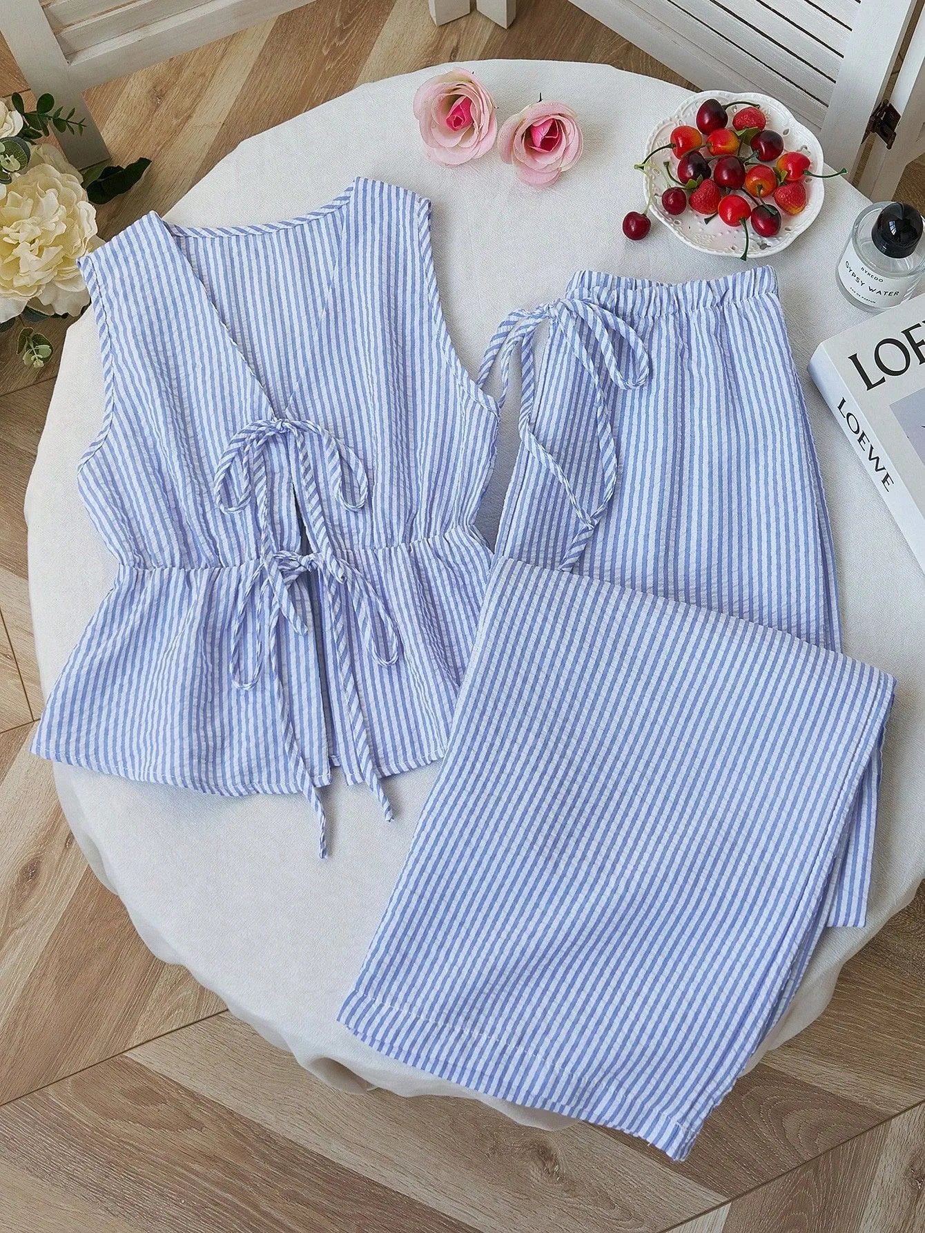 Striped V Neck Blouse and Wide Leg Trouser Set – product detail view 1
