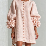 Linen Mini Dress with Puff Sleeves