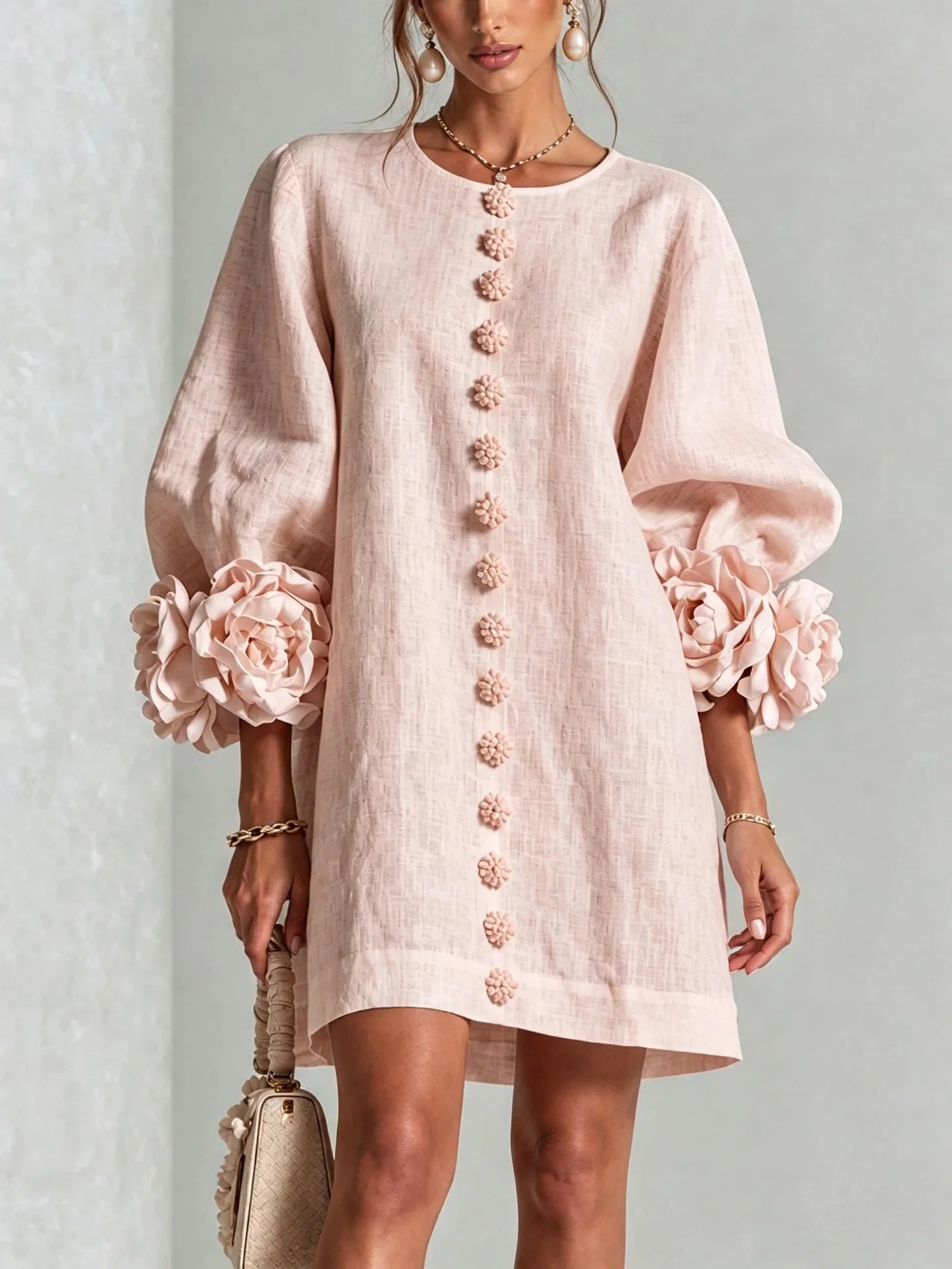 Linen Mini Dress with Puff Sleeves