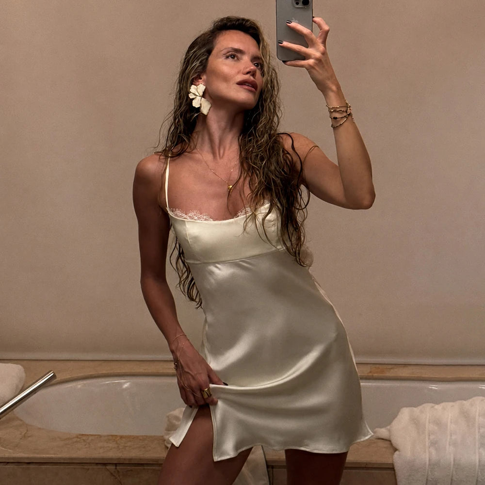 Backless Satin Mini Dress with Lace Up Back
