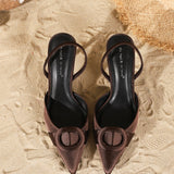 Brown Satin Kitten Heels with Slingback