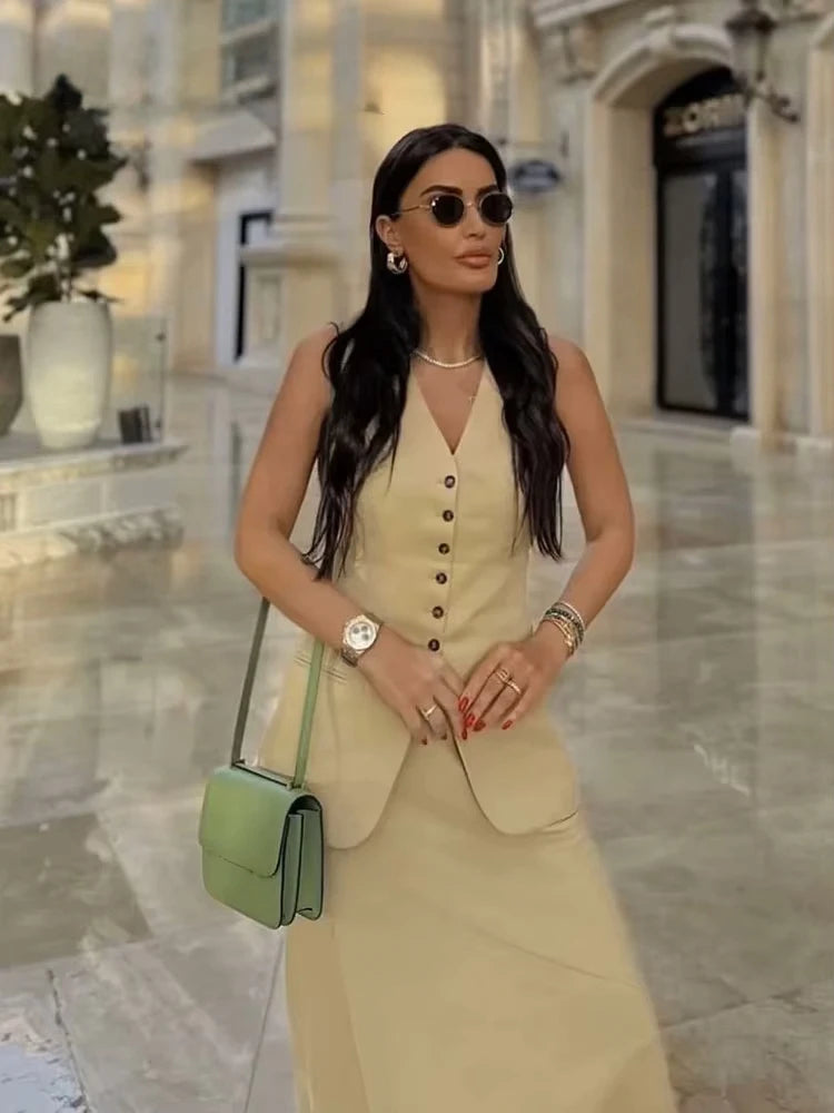 Olive Elegant Sleeveless Button-Front Skirt Set – product detail view 2