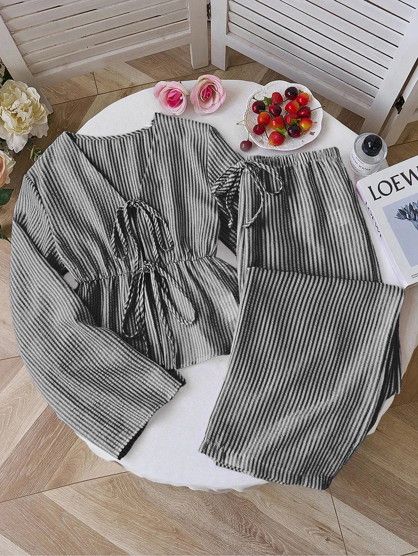 Striped V Neck Blouse and Wide Leg Trouser Set – product detail view 8