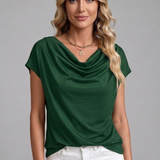 Elise Draped Cowl-Neck Short-Sleeve Blouse