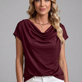 Elise Draped Cowl-Neck Short-Sleeve Blouse