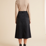 Black A-Line Denim Midi Skirt — back view