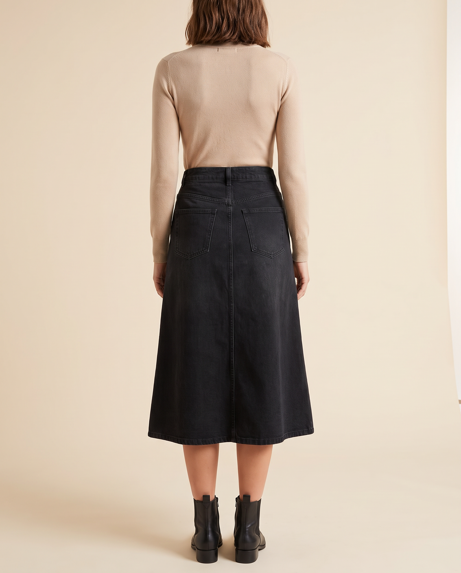 Black A-Line Denim Midi Skirt — back view