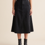 Black A-Line Denim Midi Skirt — front view