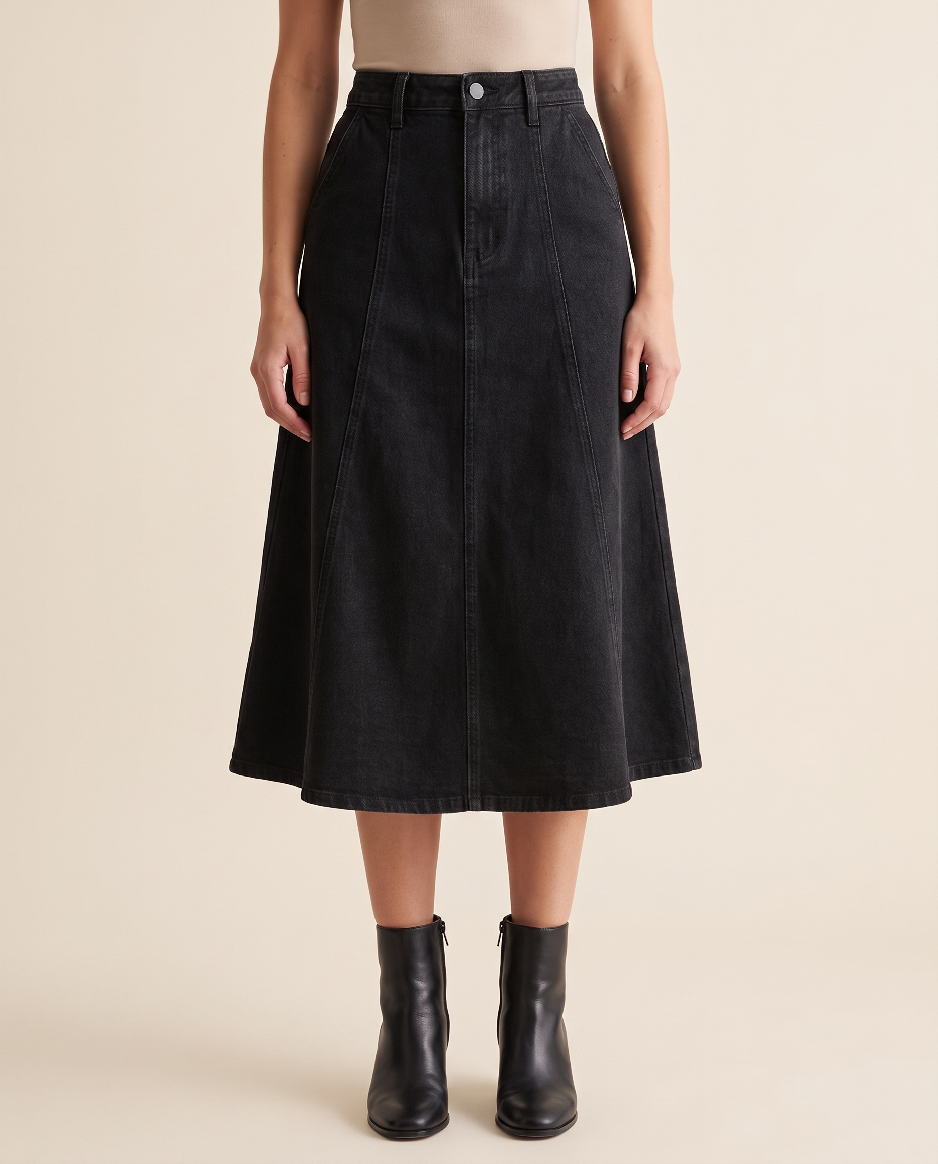 Black A-Line Denim Midi Skirt — front view