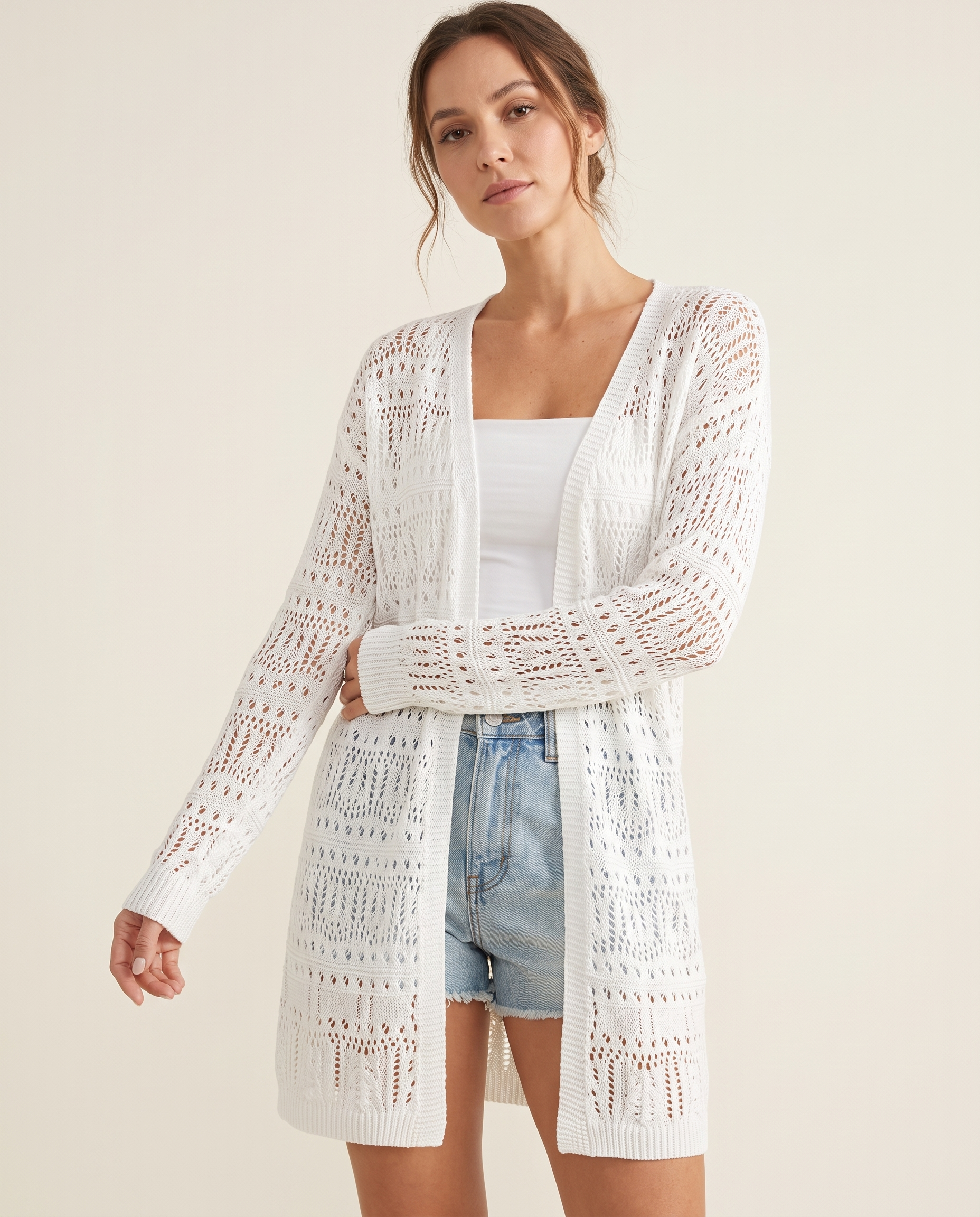 Alba Longline Open-Front Knit Cardigan – studio front view