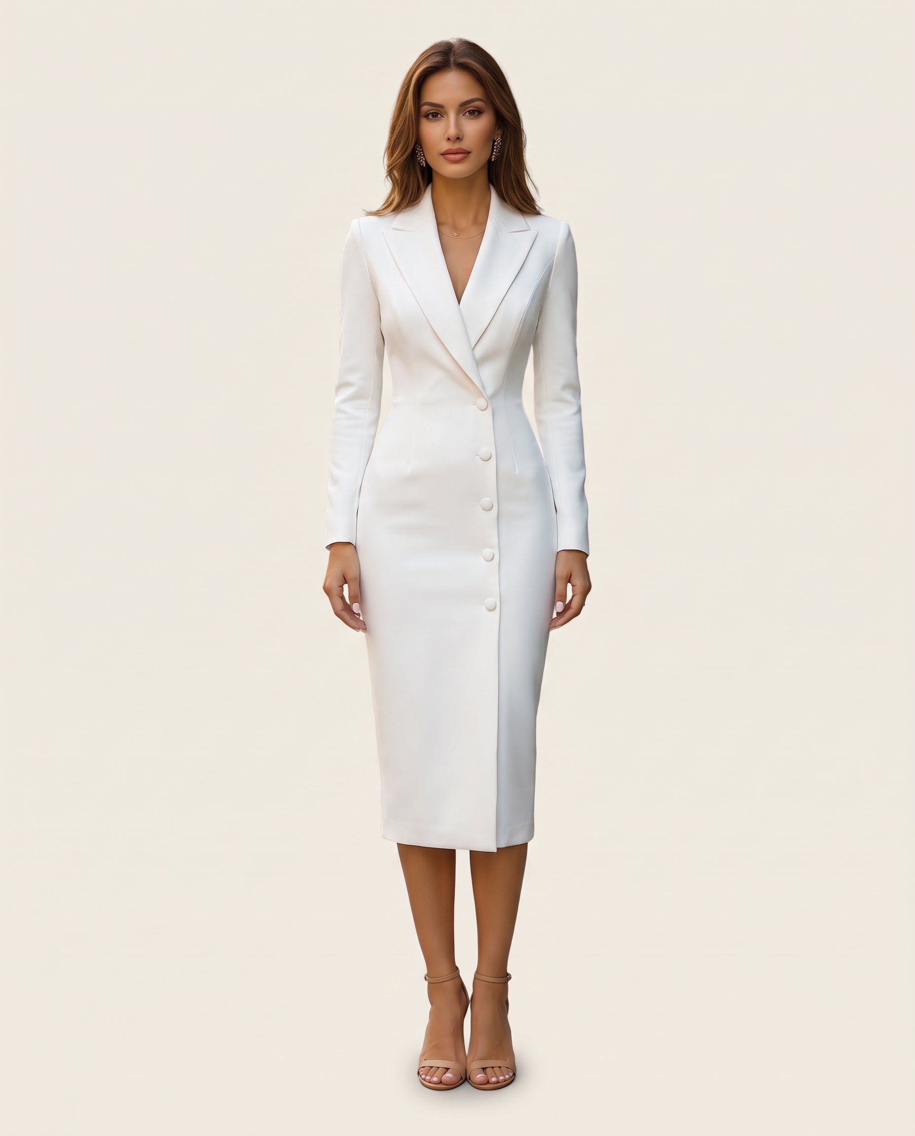 Anna | Elegant Tailored Midi Dress — White — studio front