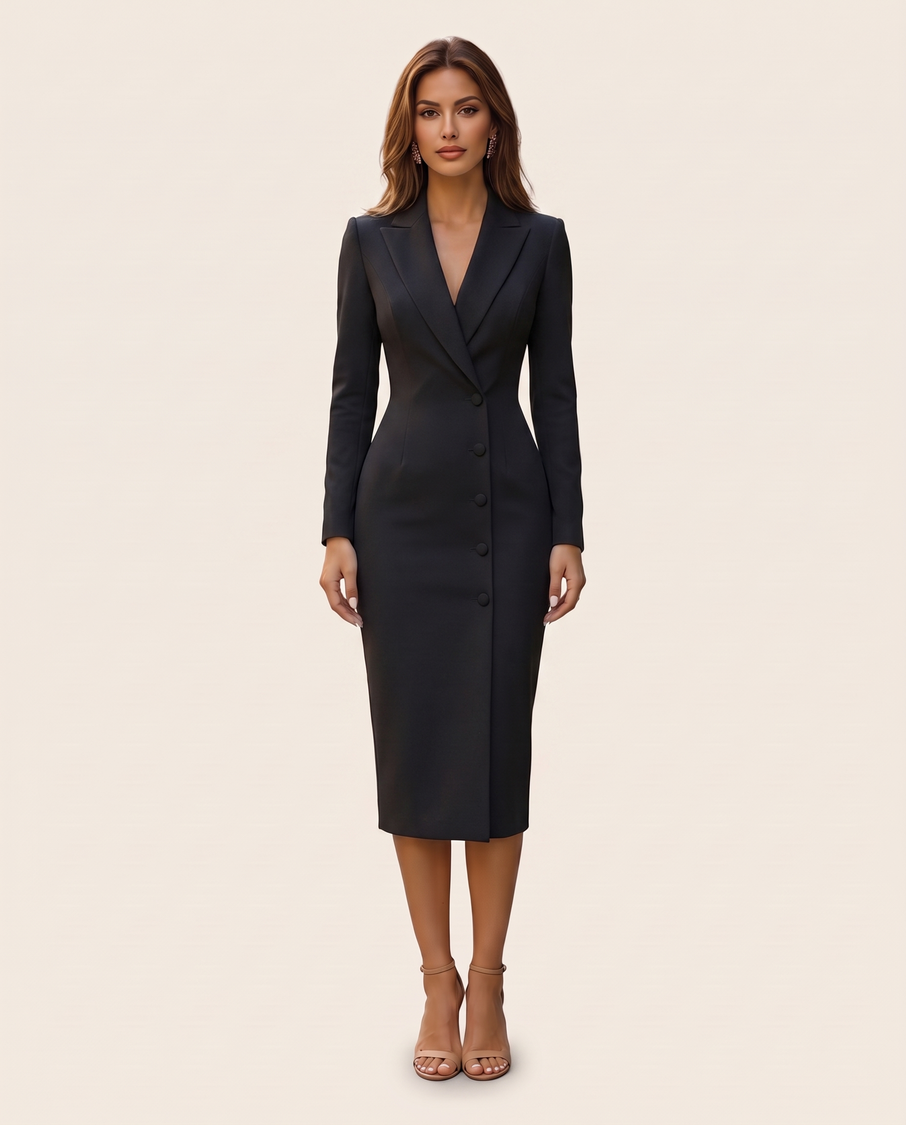 Anna | Elegant Tailored Midi Dress — Black — studio front