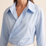 Arden Asymmetric Long-Sleeve Polo Blouse – collar and wrap detail