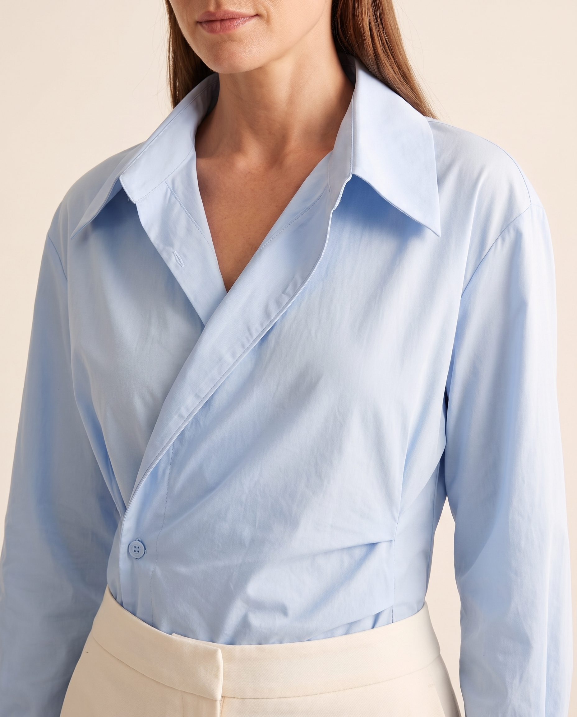 Arden Asymmetric Long-Sleeve Polo Blouse – collar and wrap detail