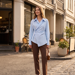 Arden Asymmetric Long-Sleeve Polo Blouse – Melbourne lifestyle view
