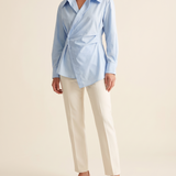 Arden Asymmetric Long-Sleeve Polo Blouse – studio front view