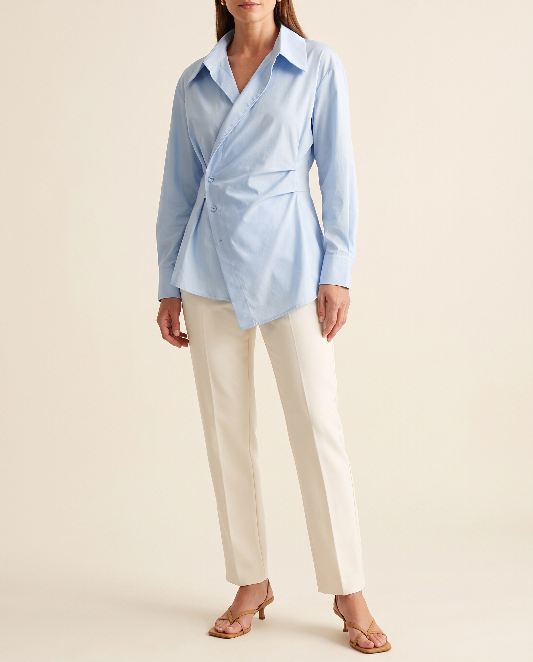 Arden Asymmetric Long-Sleeve Polo Blouse – studio front view