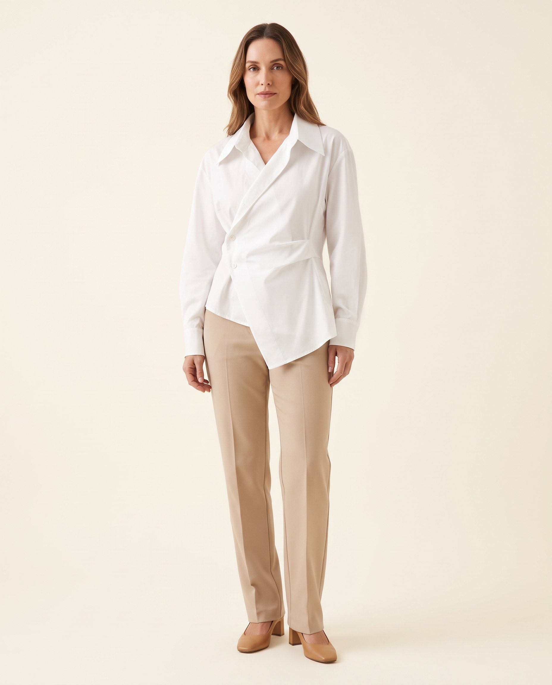 Arden Asymmetric Long-Sleeve Polo Blouse – white studio variant