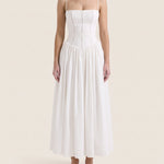 Arvelle | Pleated Strapless Midi Wedding Guest Gowns — White — studio front