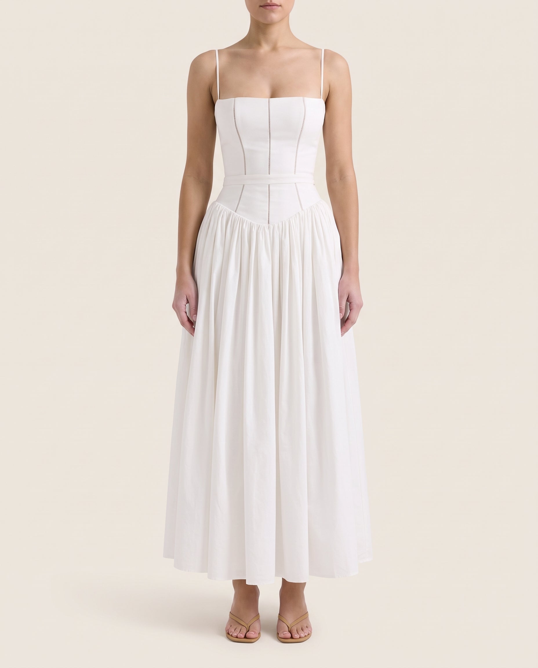 Arvelle | Pleated Strapless Midi Wedding Guest Gowns — White — studio front