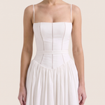 Arvelle | Pleated Strapless Midi Wedding Guest Gowns — White — fabric detail