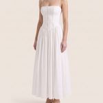Arvelle | Pleated Strapless Midi Wedding Guest Gowns — White — studio three-quarter