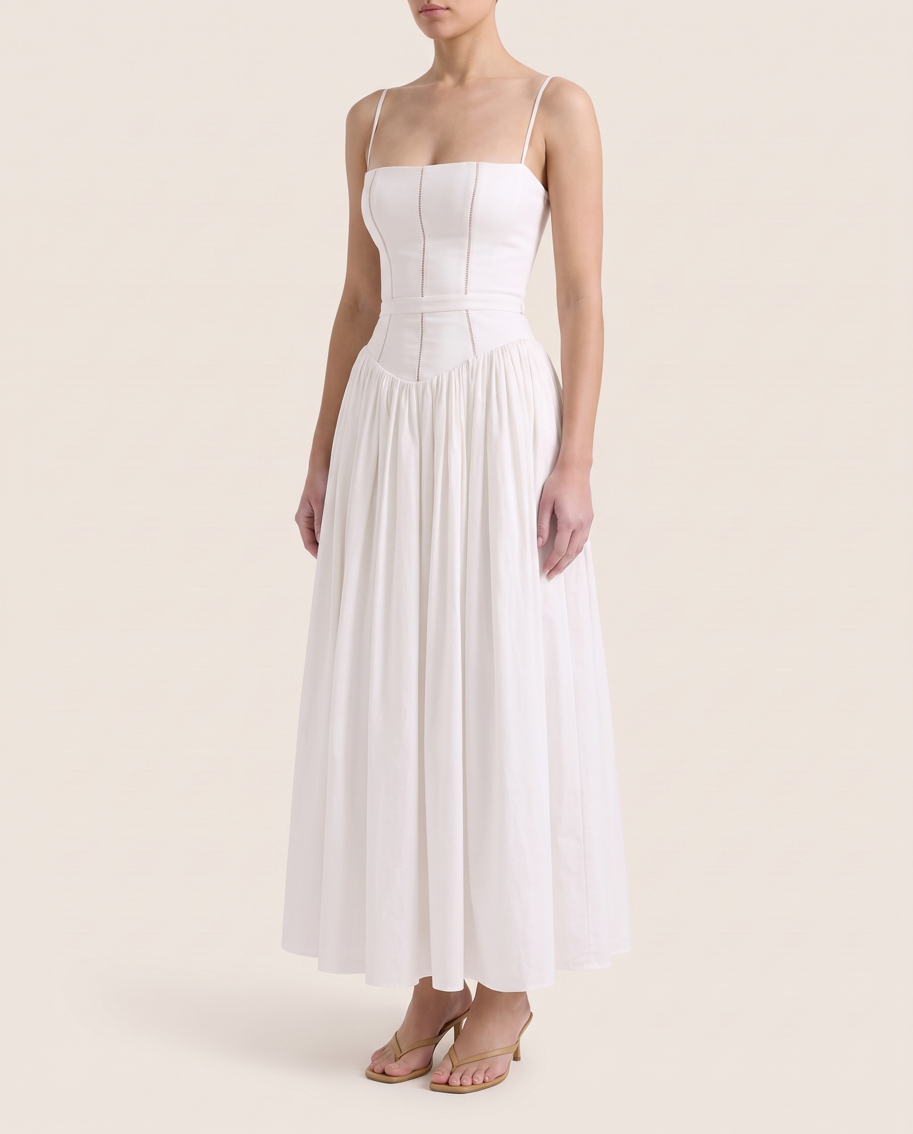 Arvelle | Pleated Strapless Midi Wedding Guest Gowns — White — studio three-quarter