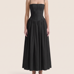 Strapless Sweetheart Pleated Midi Dress — Black studio front view