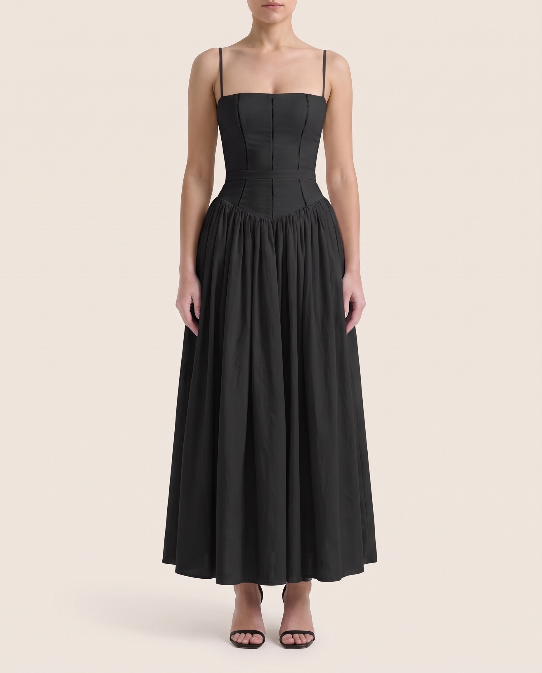 Strapless Sweetheart Pleated Midi Dress — Black studio front view