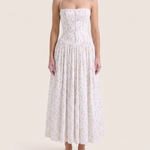 Arvelle | Pleated Strapless Midi Wedding Guest Gowns — White Ditsy Floral — studio front