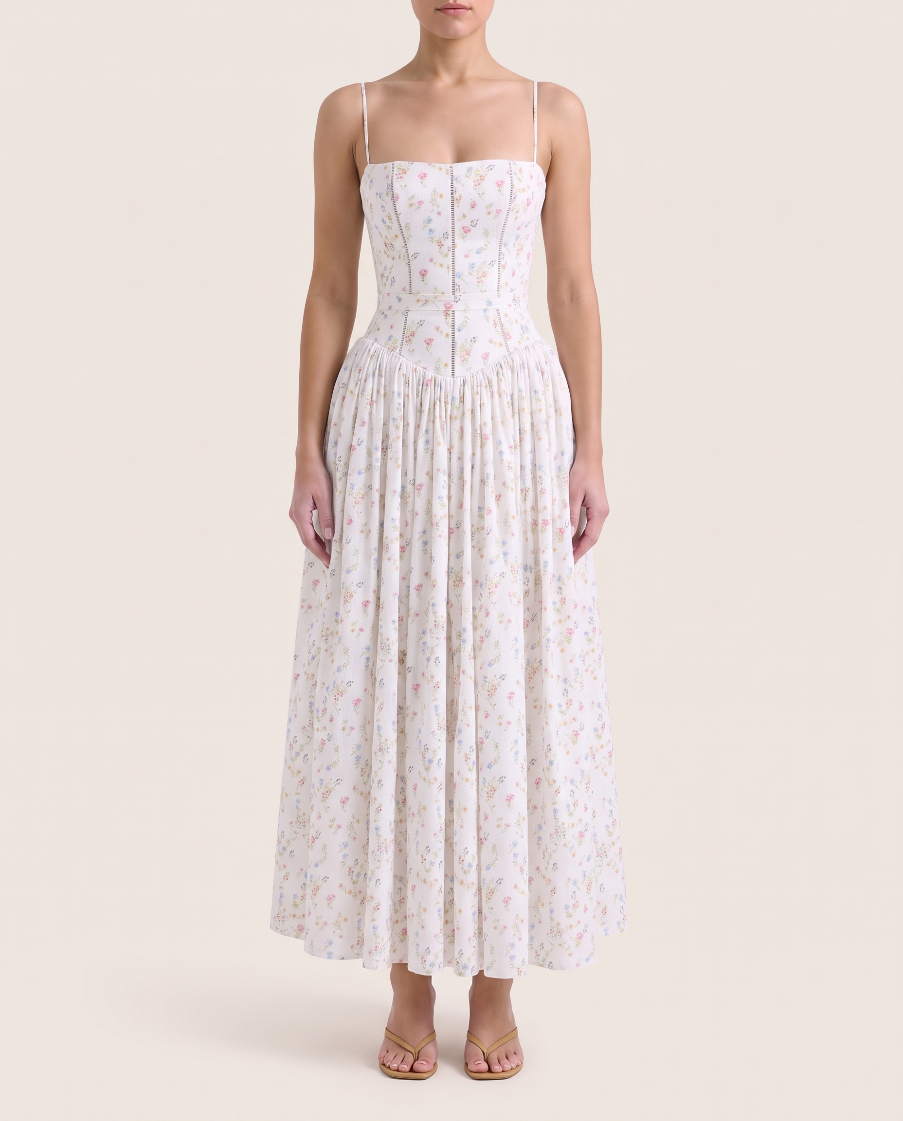 Arvelle | Pleated Strapless Midi Wedding Guest Gowns — White Ditsy Floral — studio front