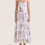 Arvelle | Pleated Strapless Midi Wedding Guest Gowns — White Grand Floral — studio front