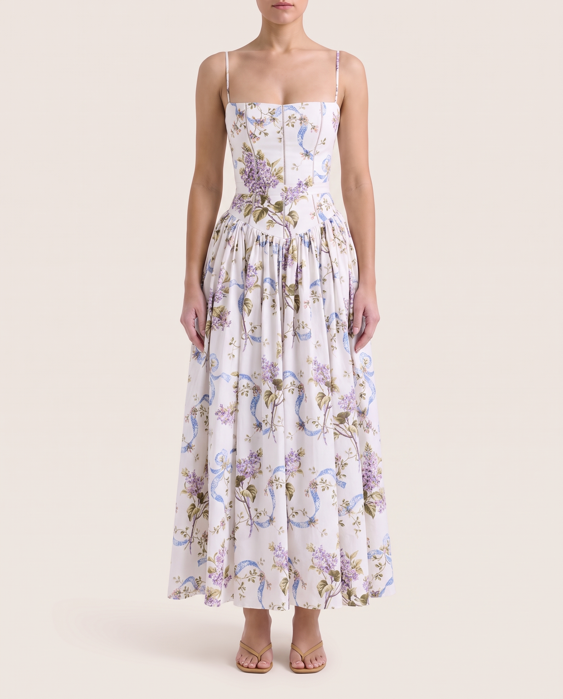 Arvelle | Pleated Strapless Midi Wedding Guest Gowns — White Grand Floral — studio front