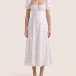 Arvelle | Pleated Strapless Midi Wedding Guest Gowns — White Floral — studio front