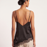 Asymmetric Lace Tank Top with V Neck and Open Back — full-length studio back view on a warm ivory seamless background