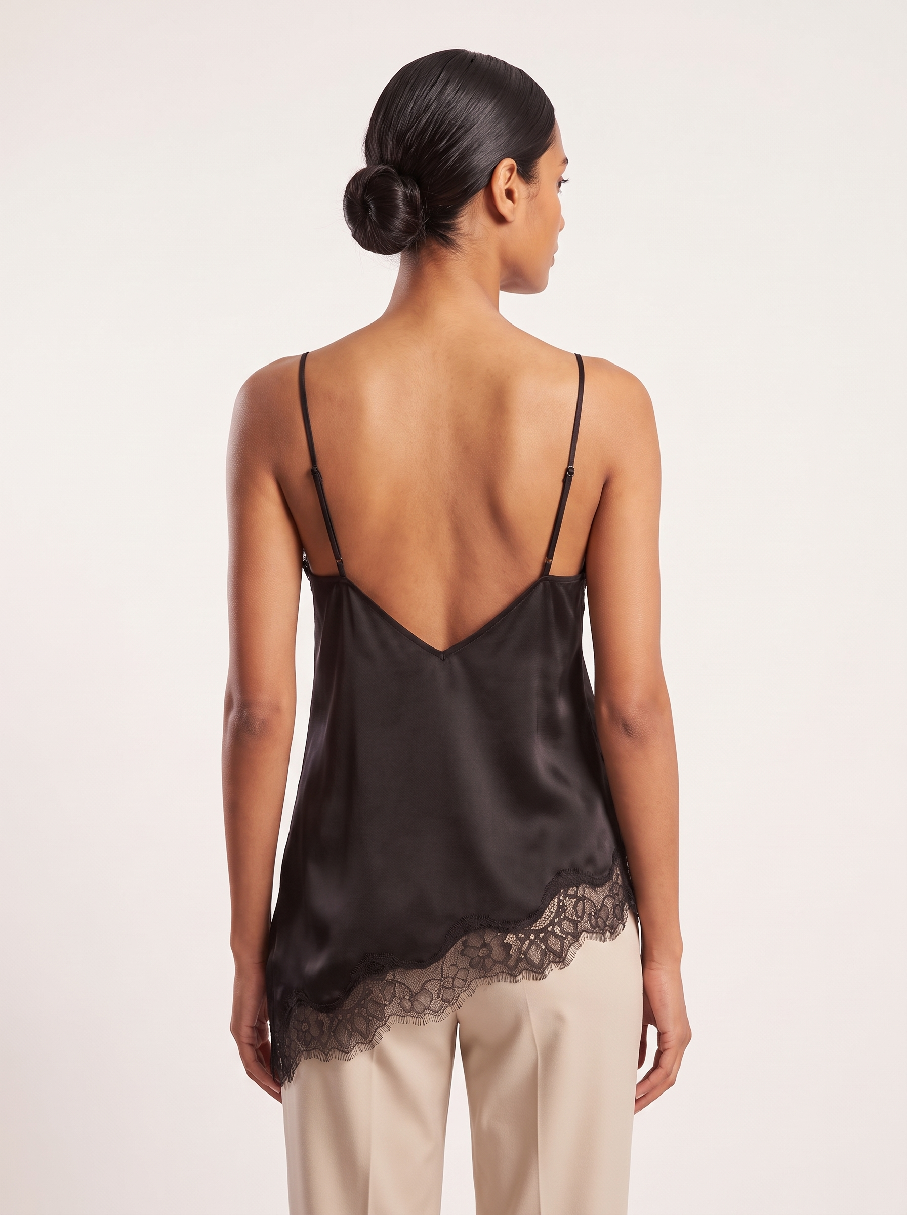Asymmetric Lace Tank Top with V Neck and Open Back — full-length studio back view on a warm ivory seamless background