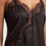Asymmetric Lace Tank Top with V Neck and Open Back — tight editorial product detail showing the fabric texture, stitching, neckline and construction