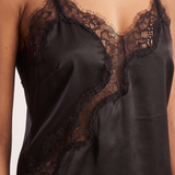 Asymmetric Lace Tank Top with V Neck and Open Back — tight editorial product detail showing the fabric texture, stitching, neckline and construction