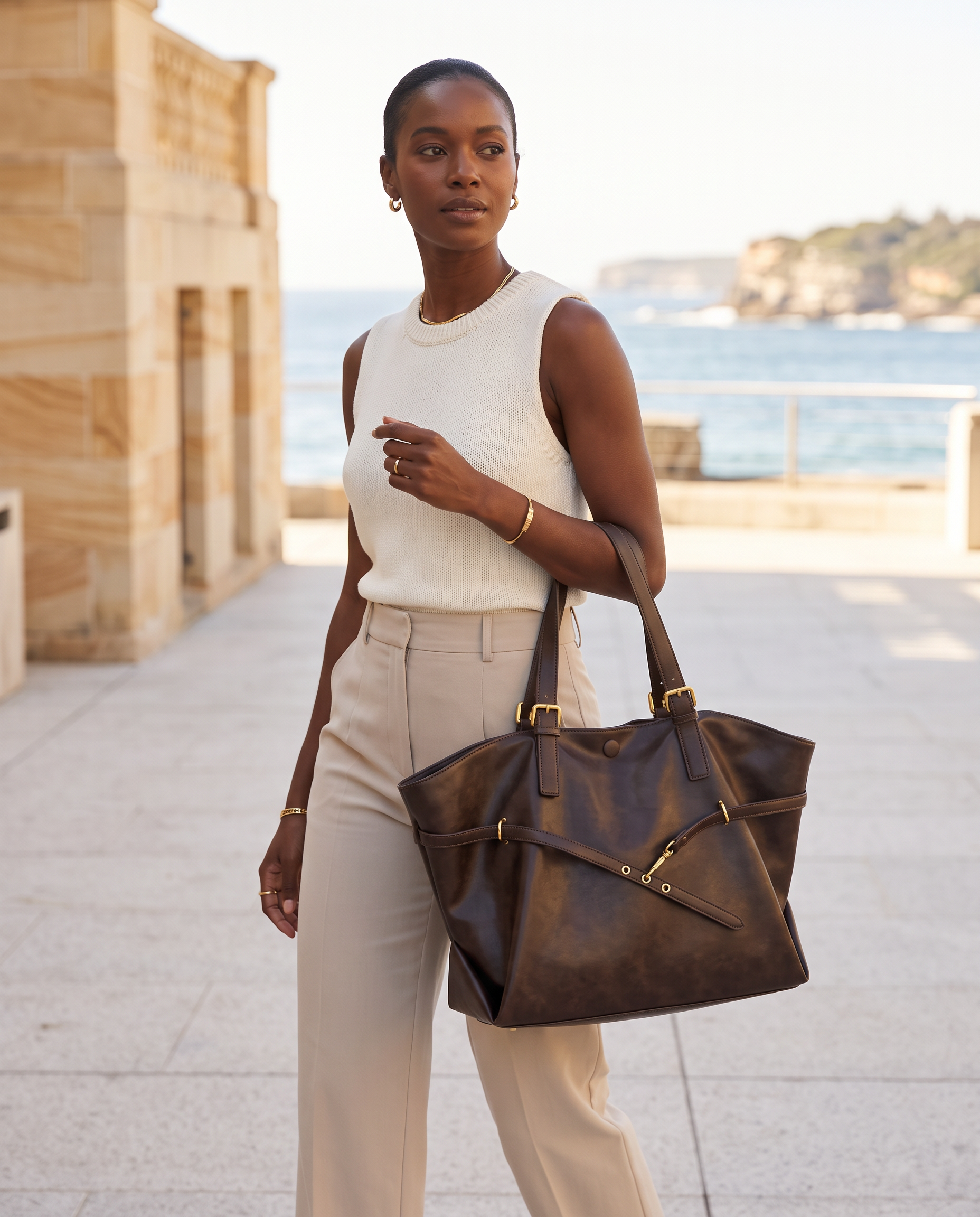 Ayla coffee-brown tote bag carried on a coastal promenade
