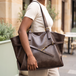 Close lifestyle view of the Ayla coffee-brown tote bag