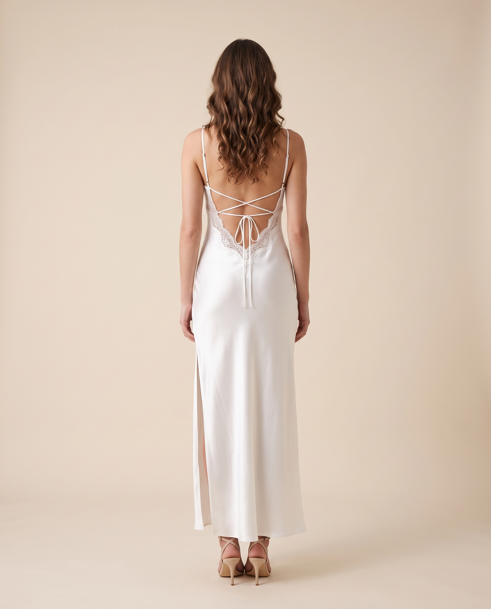 Backless Satin Maxi Dress with Lace Up Back – White true back