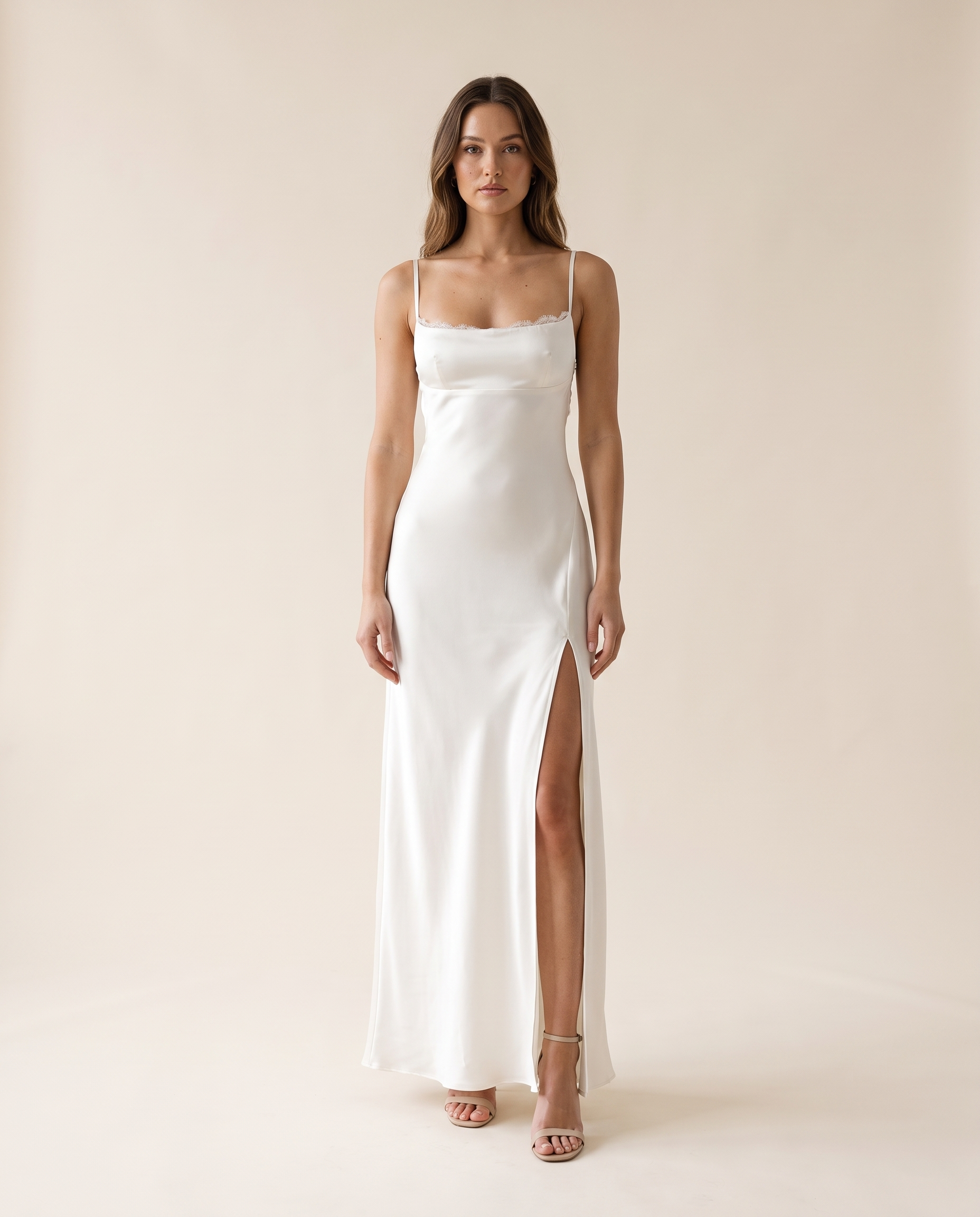 Backless Satin Maxi Dress with Lace Up Back – White studio front