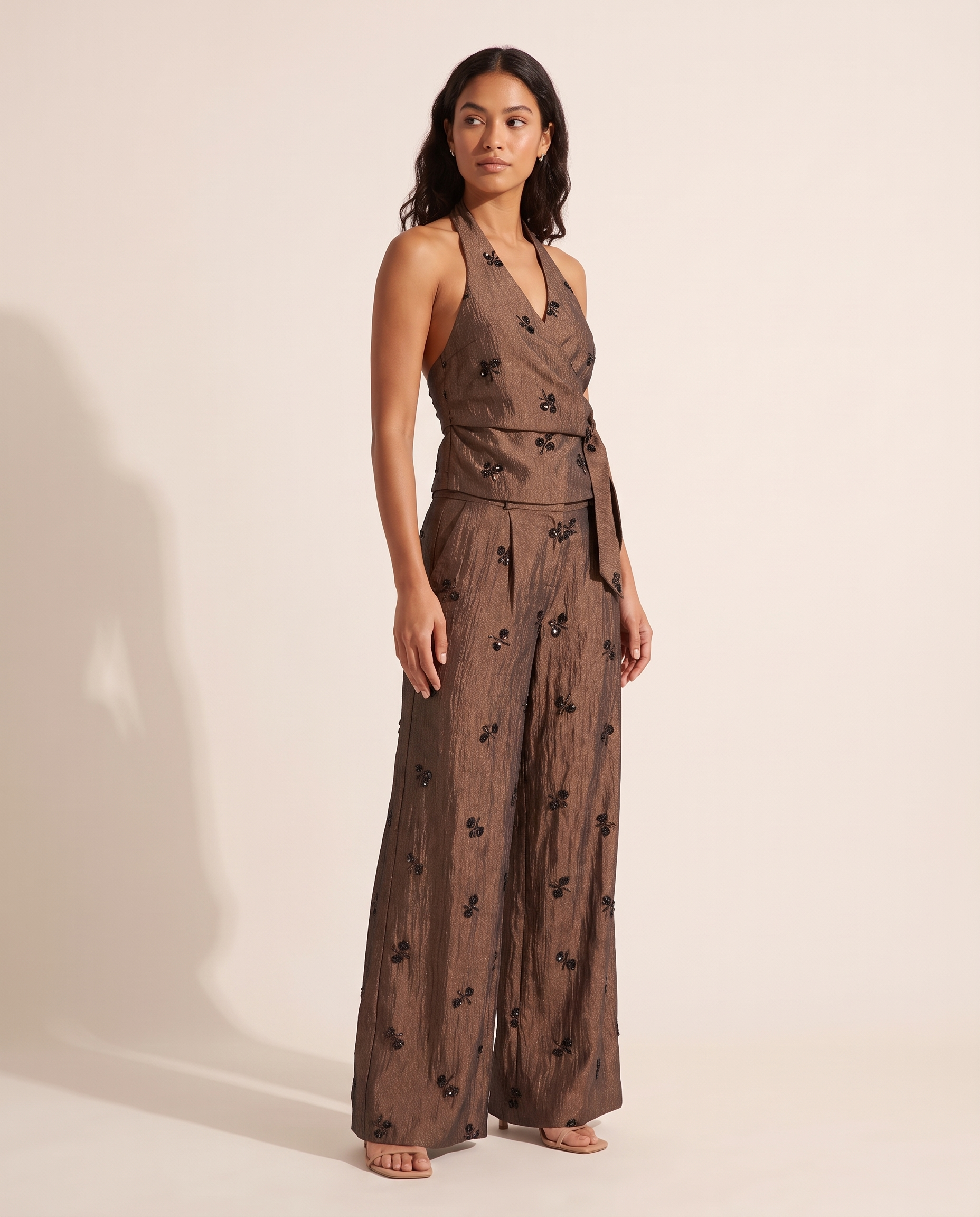 Beaded Halter Top and Wide Leg Trouser Set – three-quarter view