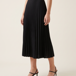 Black Pleated Midi Skirt — three-quarter view