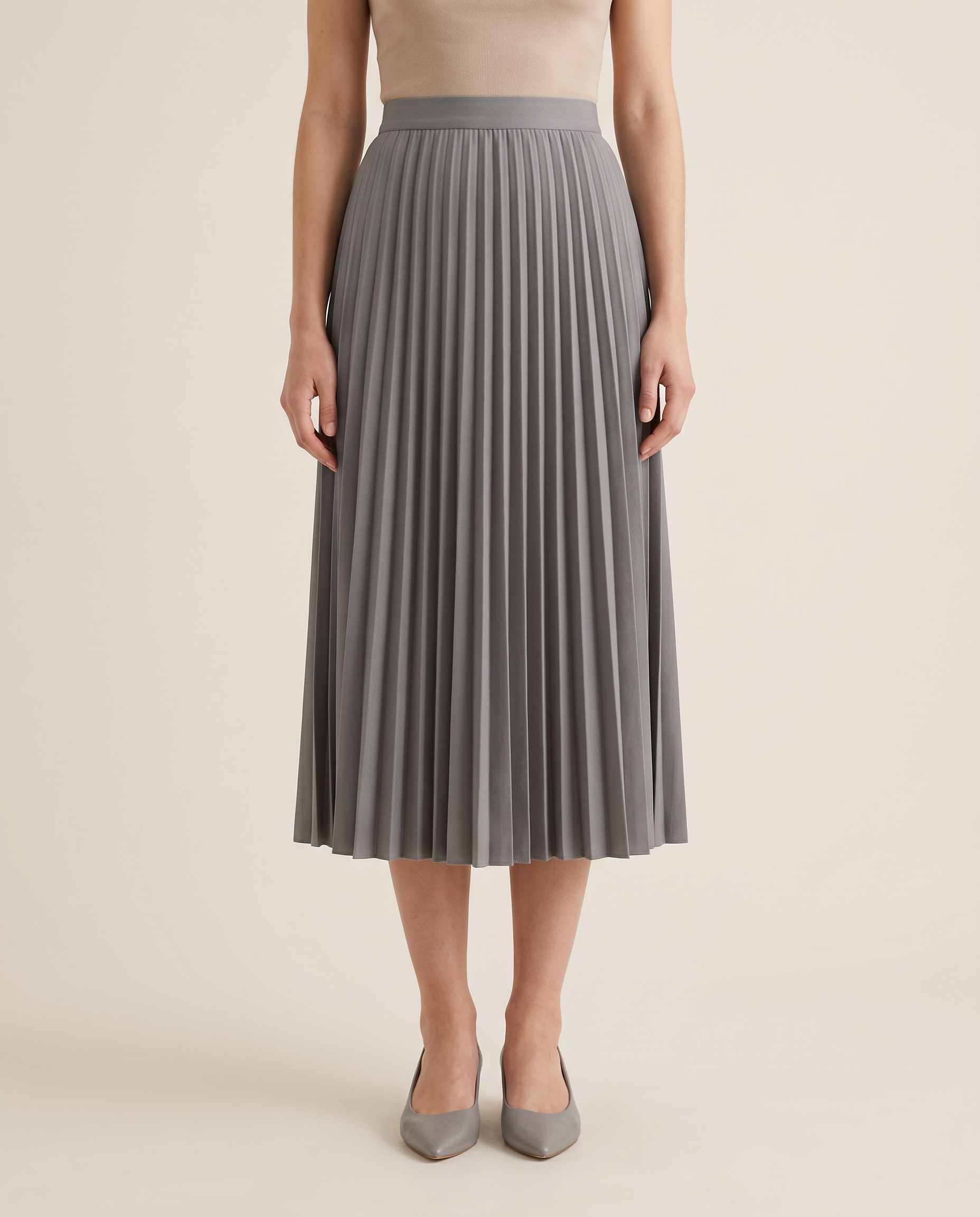Black Pleated Midi Skirt — Grey studio front