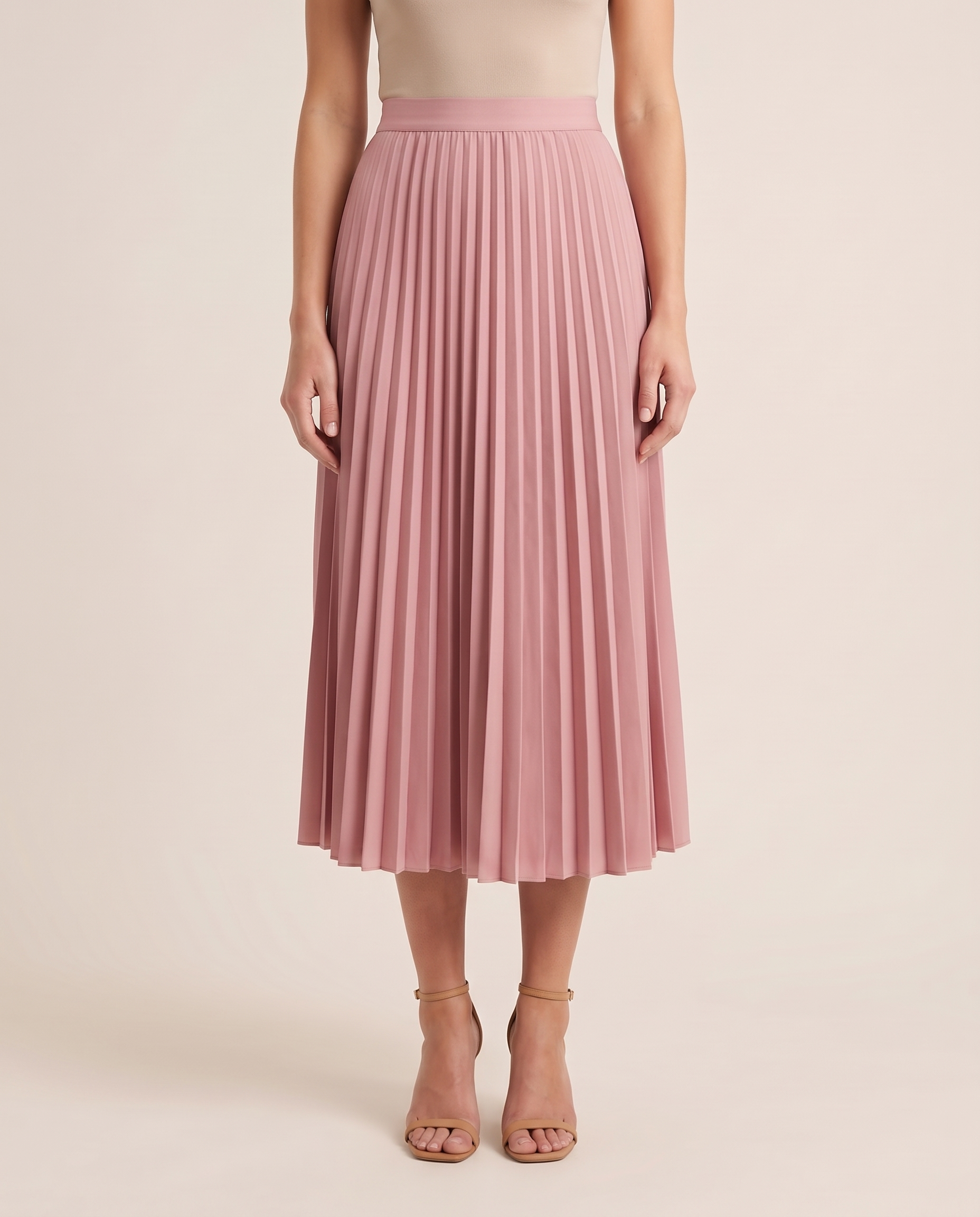Black Pleated Midi Skirt — Pink studio front view