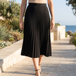 Black Pleated Midi Skirt — outdoor styling
