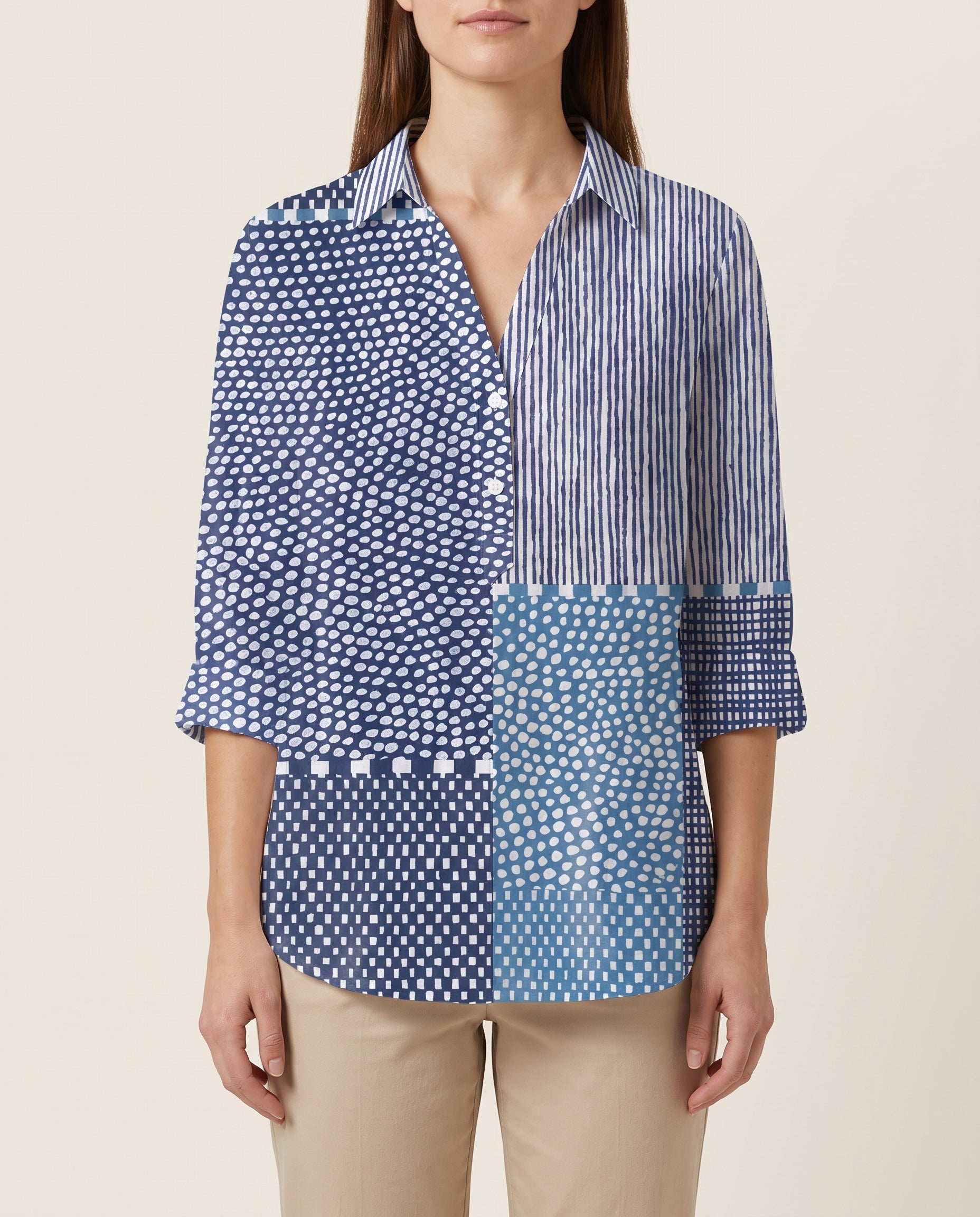 Blouse – Ocean Patchwork With a Twist — Multicolor — studio front